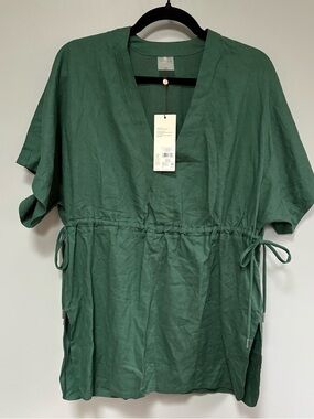 Calia Relaxed V-Neck Drawstring Tunic Top Bathing Suit Coverup Green MSRP $64